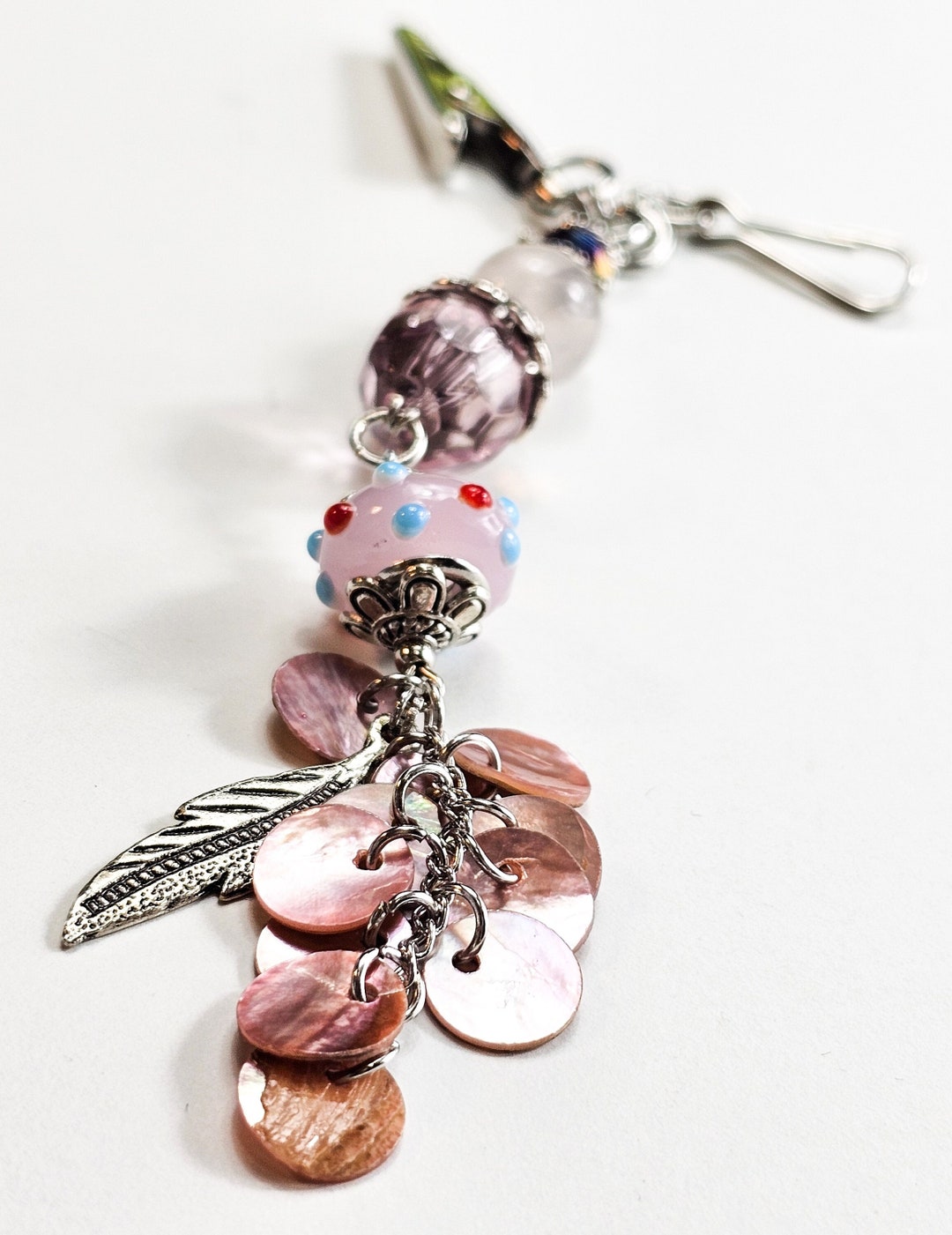 Pink Beaded Alligator Clip Keychain. ATM Card Holder Clip. Decorative