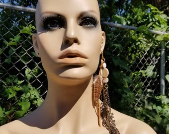 Earthtone Boho Feather Earring. Dangle Ear Cuff. "Scandinavian Skies"
