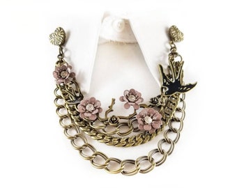 Cascading Brass Collar Chain. Floral & Bird Double Brooch Necklace. Collar Tips. Pin-on Necklace. "Ambitious Outsider"