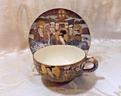 Satsuma Earthenware Moriage Immortals Dragon Handle Cup Saucer Shimazu Crest Hakuzan Japan