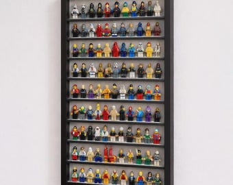Minifigure Display Case – Holds 99 Minifigures – Wall Mount Wooden Display Shelf for Minifigure Collectors