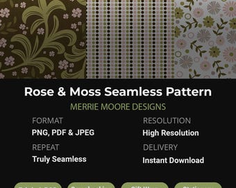 Rose and Moss Botanical Seamless Pattern Bundle, Hand Drawn Digital Paper, Floral Pattern, Dot Pattern, Botanical Pattern, Commercial Use