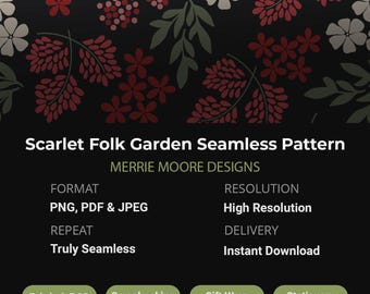 Scarlet Folk Garden Seamless Pattern | Dark Floral Botanical Digital Paper | Red Cream Berry PNG PDF Instant Download