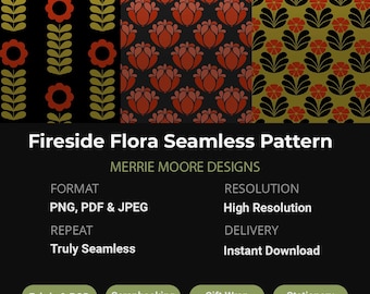 Fireside Flora Folk Art Seamless Pattern Bundle, Hand Drawn Digital Paper, Retro Floral Pattern, Commercial Use Included, Instant Download