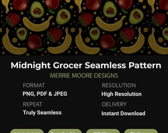 Midnight Grocer Seamless Pattern | Dark Moody Fruit Digital Paper | Banana Avocado Strawberry | High Resolution PNG PDF Instant Download