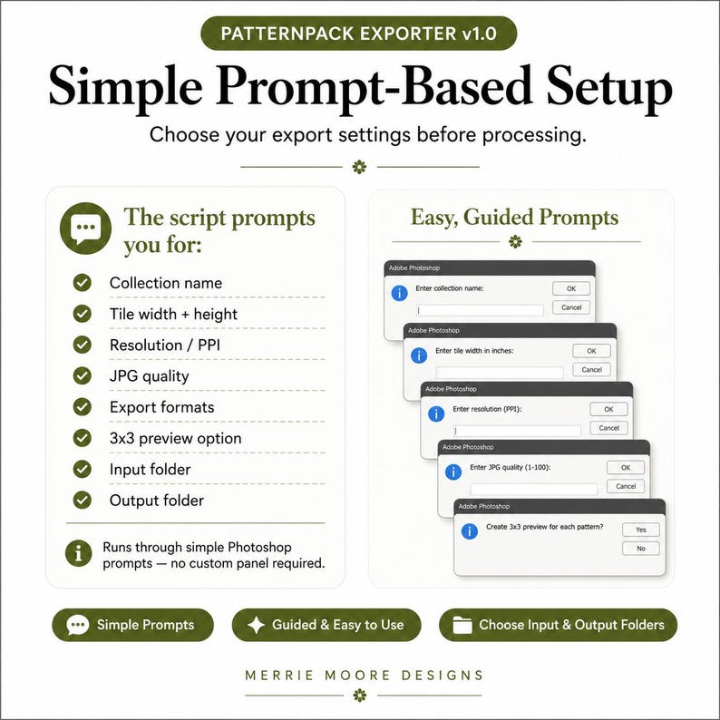 Może przedstawiać: Grafika z tekstem "Simple Prompt-Based Setup" i "Choose your export settings before processing." Pokazuje monity dotyczące nazwy kolekcji, szerokości kafelka, rozdzielczości, jakości JPG i innych. Pokazuje r&oacute;wnież monity programu Photoshop.