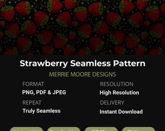 Strawberry Seamless Pattern | Dark Moody Fruit Digital Paper | Red Strawberry Black Background | High Resolution PNG PDF Instant Download