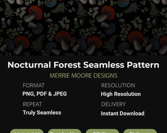 Nocturnal Forest Seamless Pattern | Dark Moody Mushroom Botanical | Cottagecore Digital Paper | High Resolution PNG PDF Instant Download