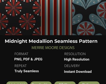 Midnight Medallion Folk Art Seamless Pattern Collection, Folk Floral, Pinwheel, Stripe (Instant Download)
