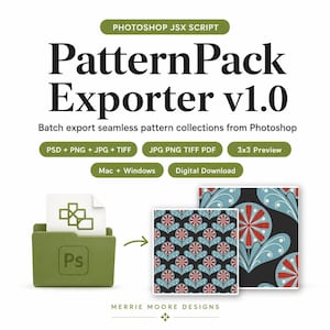 May include: A digital download graphic for Photoshop, titled "PatternPack Exporter v1.0." The image features a green folder with the Photoshop "Ps" logo, sample patterns, and text indicating file types and compatibility with Mac and Windows.