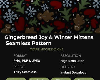 Gingerbread Joy Winter Mittens Seamless Pattern | Dark Christmas Digital Paper | Holiday PNG PDF Instant Download