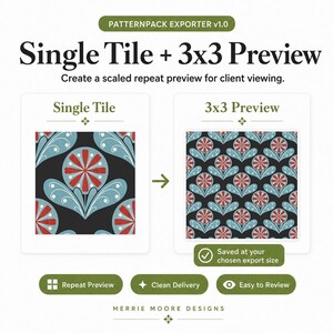 Może przedstawiać: Obraz promujący narzędzie do podglądu wzor&oacute;w. Tekst brzmi "Single Tile + 3x3 Preview" i "Create a scaled repeat preview for client viewing." Projekt przedstawia kwiatowy wz&oacute;r w kolorze czerwonym, niebieskim i białym na czarnym tle. Narzędzie oferuje podgląd powt&oacute;rzeń, czyste dostarczanie i łatwy przegląd.