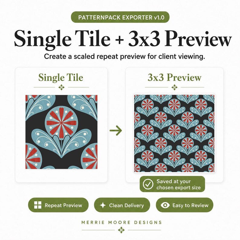 Może przedstawiać: Obraz promujący narzędzie do podglądu wzor&oacute;w. Tekst brzmi "Single Tile + 3x3 Preview" i "Create a scaled repeat preview for client viewing." Projekt przedstawia kwiatowy wz&oacute;r w kolorze czerwonym, niebieskim i białym na czarnym tle. Narzędzie oferuje podgląd powt&oacute;rzeń, czyste dostarczanie i łatwy przegląd.
