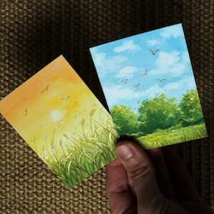 ORIGINAL ACEO ~ Landscape watercolor paintings - choose 1 ~ watercolor aceo cards with gold details; Size: 6,4 x 8,9 cm