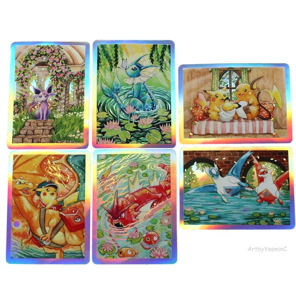 Pokemon holographic stickers made from my artworks - for scrapbooking, decoration, on your phone, laptop etc.!