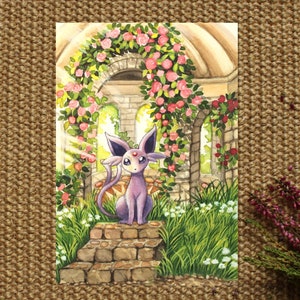 A6 PRINT ~ Watercolor painting "Espeon in a garden temple", fineart print on Hahnemühle paper - size: 14,8 x 10,5 cm