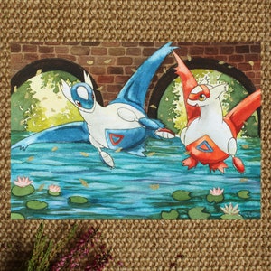 A6 PRINT - "Latias & Latios" watercolor painting, print on Hahnemühle paper, with gold details, size: A6 (14,8 x 10,5 cm)