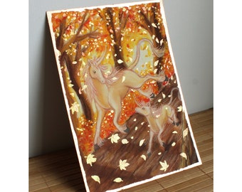 ORIGINAL Pastell-Zeichnung ""Herbstblätter"" ~ Einhorn-Fantasy Zeichnung, mit metallischen Akzenten in Gold und Kupfer ~ 50% gehen an Tierschutz-Erfolg!!!" <3