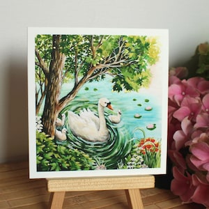 Print of my watercolor painting of swimming swans in nature, print on Hahnemühle fineart paper, with gold details available, size: 10x10cm