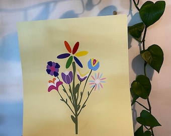 Könnte beinhalten: Ein gelber Hintergrund mit einem Strauß bunter Blumen. Die Blumen sind stilisiert und haben ein Regenbogen-, Lila-, Blau-, Gelb- und Rosafarbenes Farbschema.