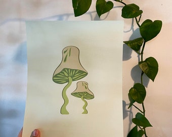 Könnte beinhalten: Eine digitale Illustration von zwei grünen Pilzen mit weißen Hüten auf einem hellgrünen Hintergrund.