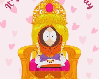 Könnte beinhalten: Eine Grußkarte mit einer Zeichentrickfigur in einem orangefarbenen Parka und einer blonden Perücke, die auf einem goldenen Thron sitzt. Die Figur trägt ein lila-weißes Outfit mit einem roten Juwel. Der Hintergrund ist hellrosa mit Herzen und dem Text It's your Special Day.