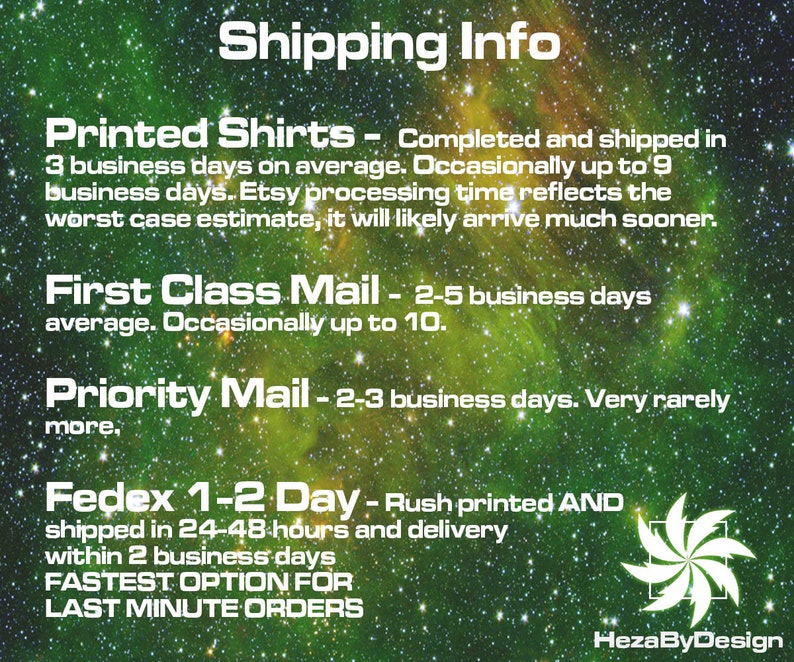 May include: A graphic with a green and yellow starry background and white text outlining shipping information for printed shirts. The text includes shipping times for printed shirts, first class mail, priority mail, and FedEx 1-2 day shipping.