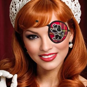May include: A red plaid eye patch featuring a sparkling black dog silhouette, worn with a red plaid dress trimmed in white lace, a white lace headpiece, and white gloves. The ensemble includes a silver button on the dress bodice.