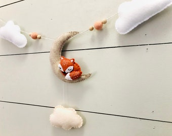 Sleeping Fox Nursery Garland, Fox Decor, Woodland Themed Nursery Decor, Baby Fox on Moon, Woodland Baby Fox Nursery, Baby Custom Fox Decor