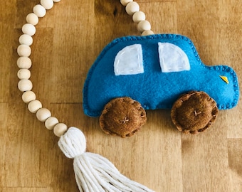 Automobile Car Wooden Beaded Shelf Decor, Car Beaded Garland Kids Room Decor, Shower Party Table Top Decor, Custom Car Nursery Bead Garland