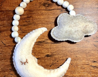 Pink Sleeping Moon and Cloud Beaded Garland, Bohemian Chic Nursery Bead Wall Decor, Nursery Office Home Decor, Sleeping Moon Eclectic Decor