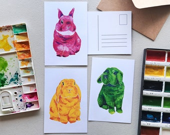 Set of 3 Colorful Rabbit Bunny Postcards | Watercolor Post Card Prints | Rabbit Illustration | Lop Rabbit | Netherland Dwarf