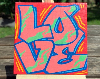 Small LOVE  Canvas w/Easel / graffiti love canvas / love painting / graffiti art / canvas art / gift for kids / love art / custom art