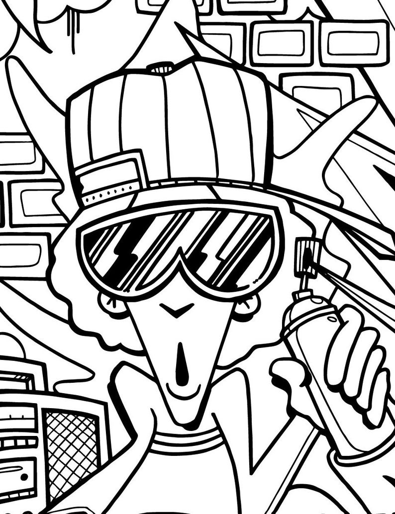 Hip Hop Coloring Book / Kids Coloring Book / Graffiti / Hip Hop / Kids Activities / Crafts / Black and White Coloring book image 4