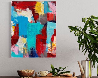 カラフルな抽象キャンバス絵画：テクスチャのあるモダンアート（24x18