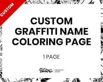 May include: A white background features the text "CUSTOM GRAFFITI NAME COLORING PAGE" in bold black letters. Below, it reads "1 PAGE". The top left corner has a red diagonal banner with the word "CUSTOM". The bottom has a logo.