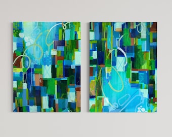 2 Abstract Canvases  // Contemporary Painting // Home Decor // Modern Artwork // Diptych // Acrylic Canvas Art // Cool colors abstract