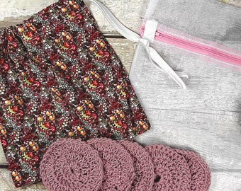 5 Reusable Cotton Crochet face pads storage bag & wash bag, Eco-friendly, Makeup remova,l Scrubbies, Facial cleansing wipes, Gift J