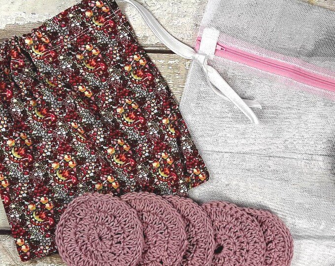 5 Reusable Cotton Crochet face pads storage bag & wash bag, Eco-friendly, Makeup remova,l Scrubbies, Facial cleansing wipes, Gift J