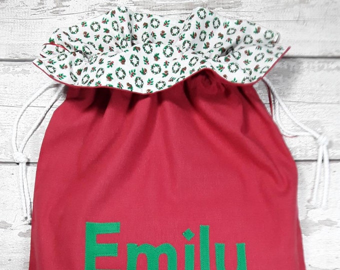 Personalised Santa Sack Traditional Christmas Red Holly Wreath Personalized