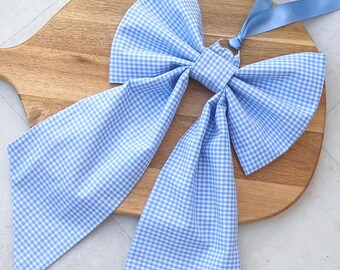 Pale Blue Gingham Bow - Décor, Cotton Fabric, Wreath - Medium Handmade - Baby Blue