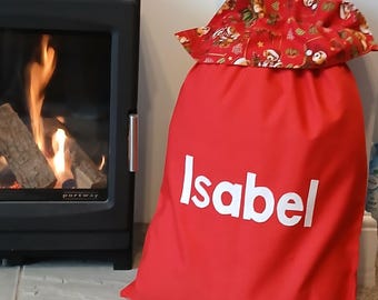 Personalised Christmas Santa Sack: Red Cotton, Teddy Ruffle, Gold Bells *