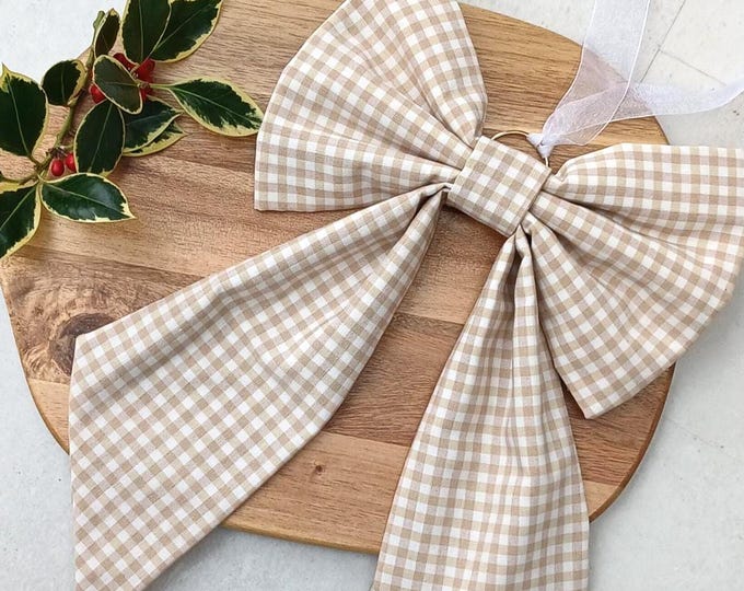 Handmade Fawn Gingham Bow - Christmas Décor, Cotton Fabric, Medium