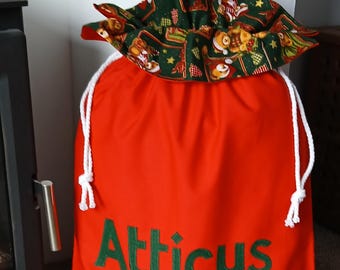 Santa Sack in Traditional red with a ruffle of Christmas Teddies on Dark Green Personalised *