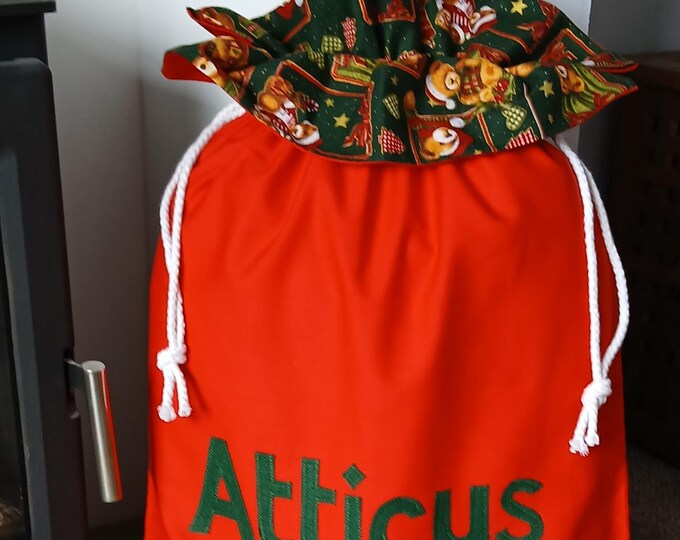 Santa Sack in Traditional red with a ruffle of Christmas Teddies on Dark Green Personalised *