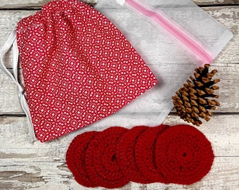 5 reusable crochet face pads and storage bag & wash bag, Eco-friendly, Makeup Removal, Scrubbies, Facial cleansing wipes, Gift