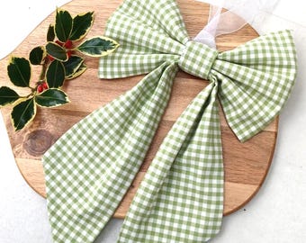 Green gingham fabric hanging bow for Christmas seasonal décor- Large
