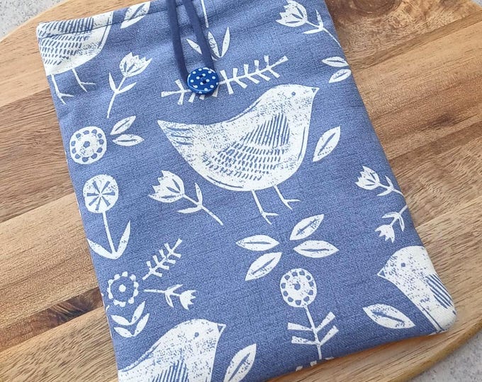 Scandi style bird in blue Kindle cover padded with button closure, case, sleeve, pocket for e-reader