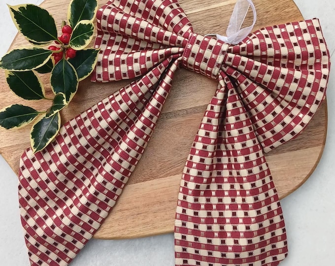 Red, Cream and Gold gingham hanging bow for Christmas seasonal décor