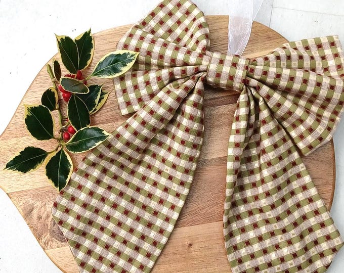 Green, Cream and Gold gingham hanging bow for Christmas seasonal décor Large bow